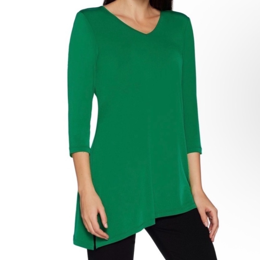 Susan Graver Green Tunic Top 3/4 Sleeve Asymmetrical Hem XS